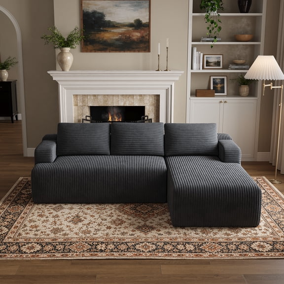 Novilla 92.5" L-Shaped Sectional Sofa, Modular Cloud Couch with Deep Seat, Corduroy 3 Seat Sofa, Smart Coil & High-Density Foam Support, No Assembly, Modern Couch for Living Room, Apartment, Gray