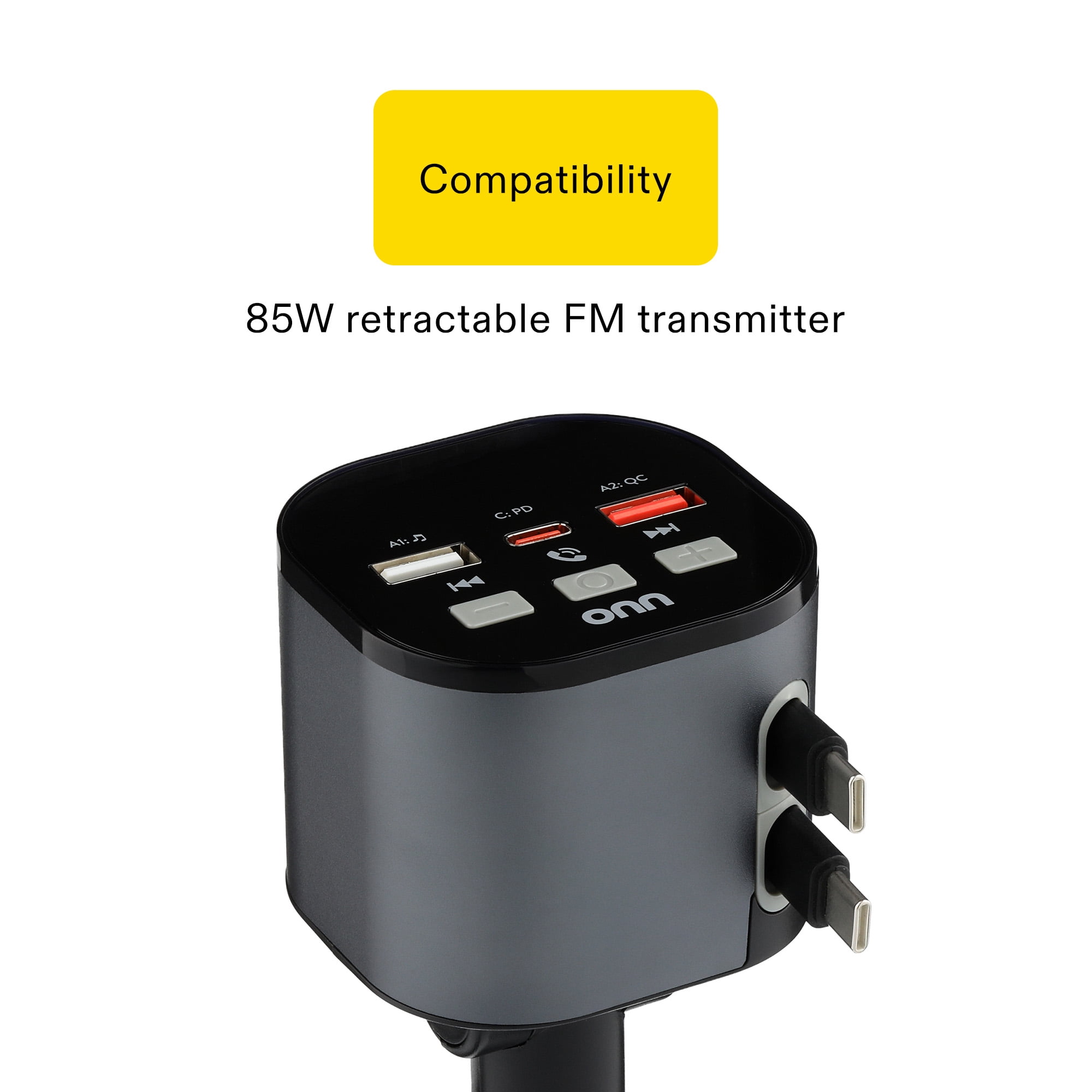 onn 30W/18W Wireless FM Transmitter and Car Charger with Retractable USB-C Cables