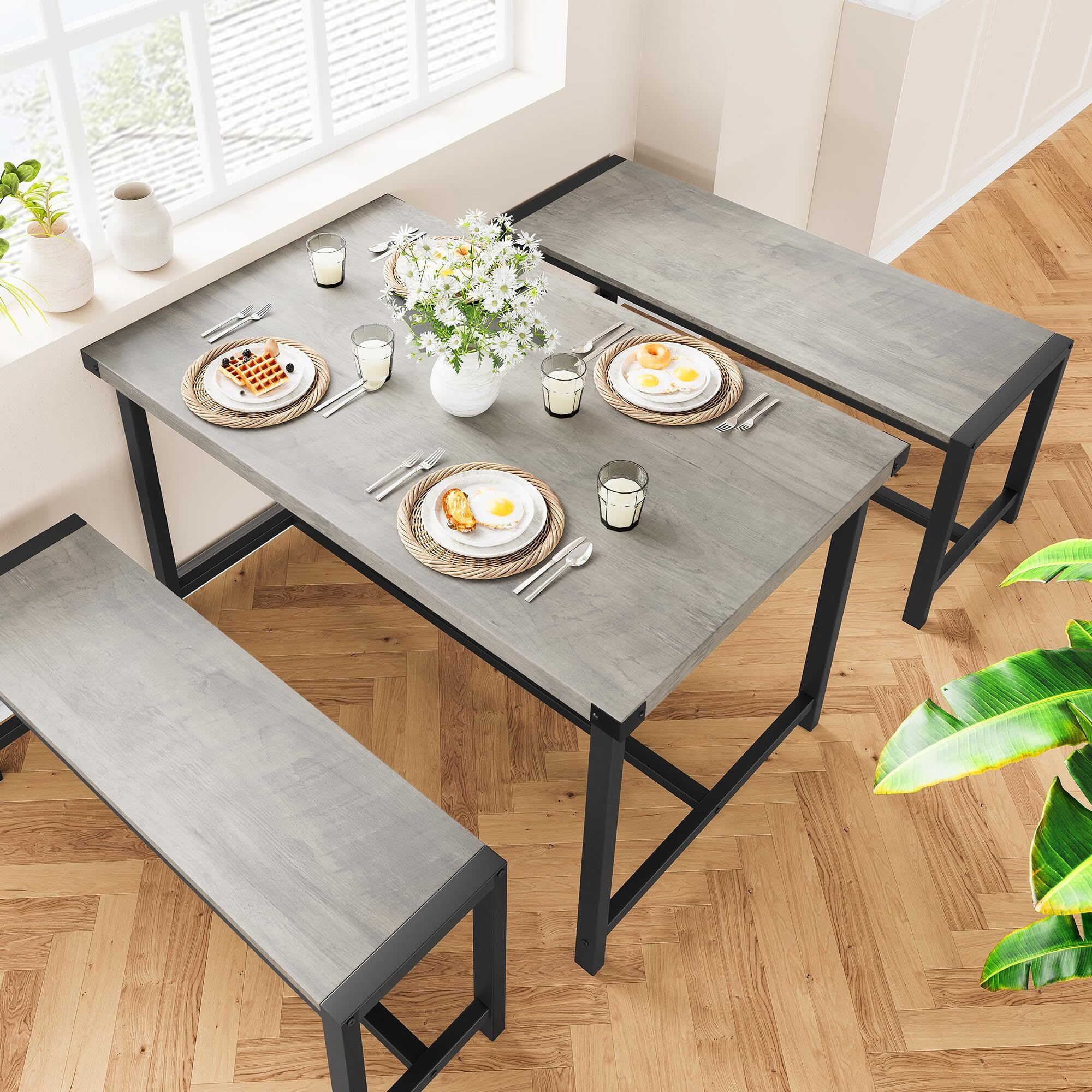 EastVita Gray 3-Piece Dining Table Set for 4 with 2 Benches and Corner Protectors and H-Shaped Frame Compact for Apartments and Small Spaces