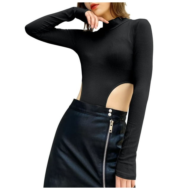 FAIWAD Justaucorps à Manches Longues pour Femmes Col Roulé Slim Extensible Côtelé Basique Couleur Unie