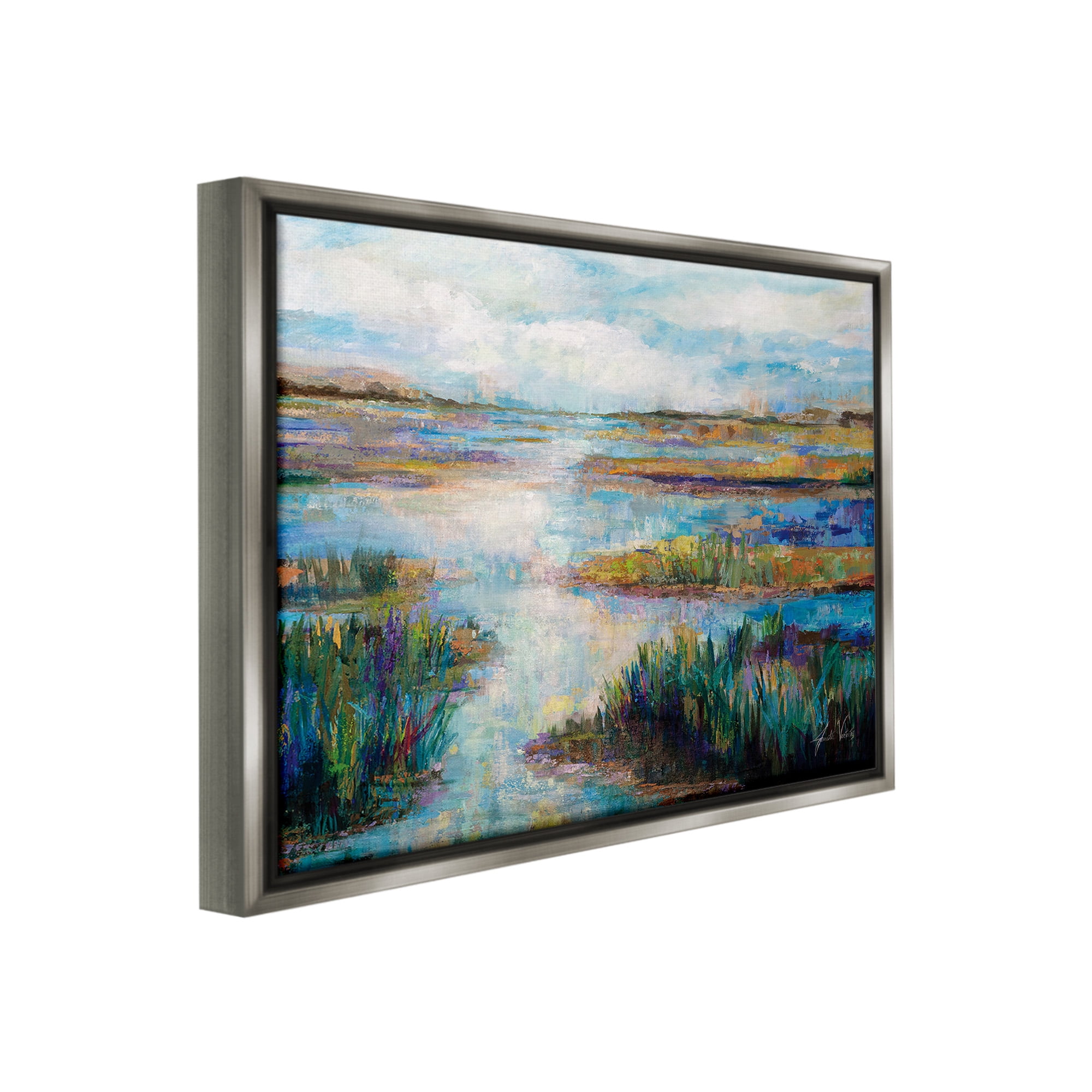 Stupell Industries Modern River Scenery Landscape Painting Gray Floater Framed Canvas Art Print Wall Art, 31 x 25