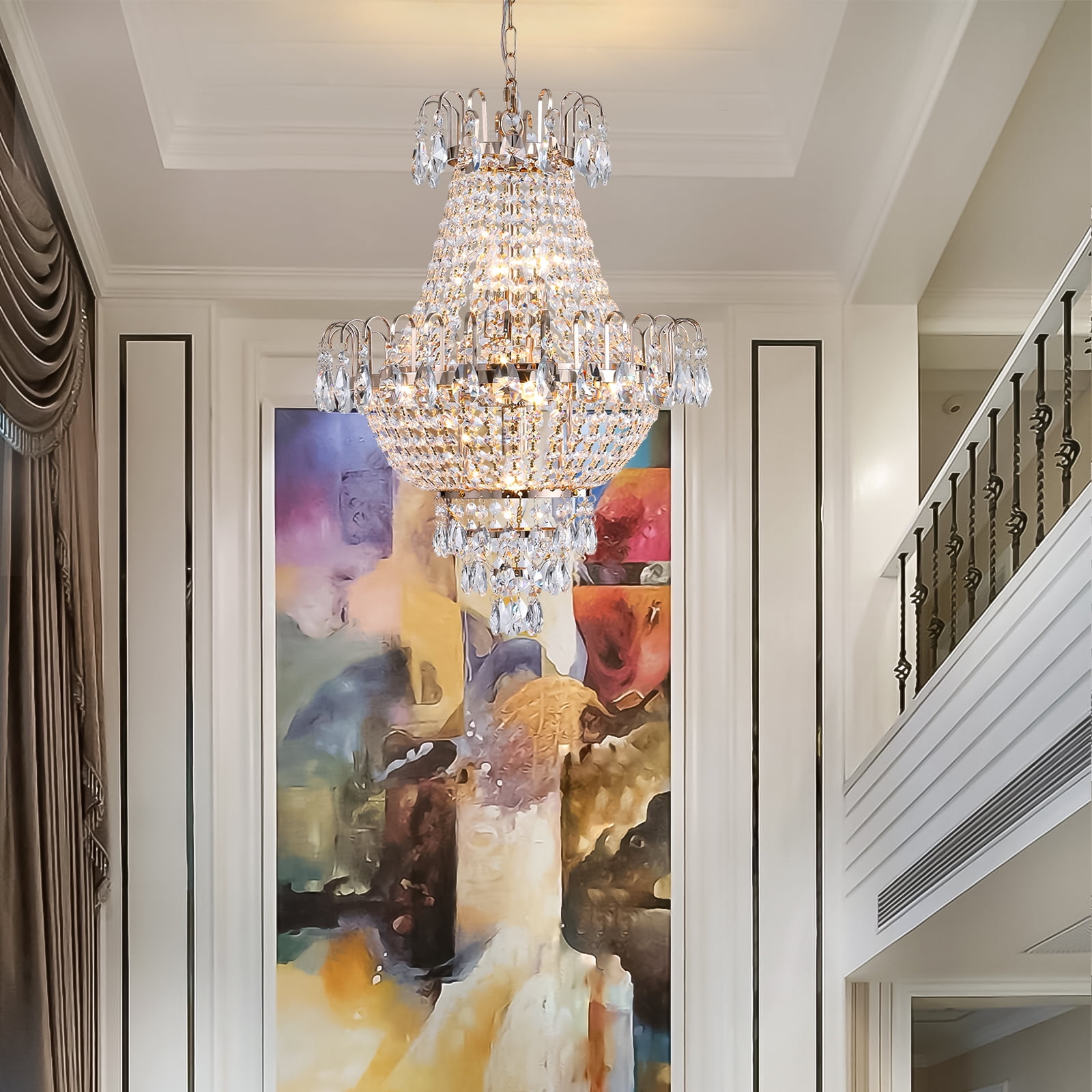 Crystal Chandelier 16.9'' 10-Light Pendant Light in French Gold Finish, Traditional Hanging Light Fixture with K9 Crystals and Adjustable Chain for Dining Room FoyerHigh Ceilings