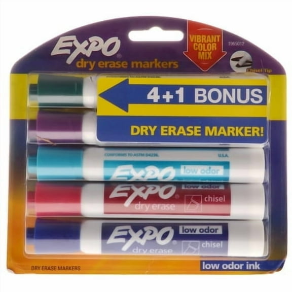 EXPO Intense Colors Low Odor Chisel Tip Dry Erase Markers, 4 Pack 1 Bonus