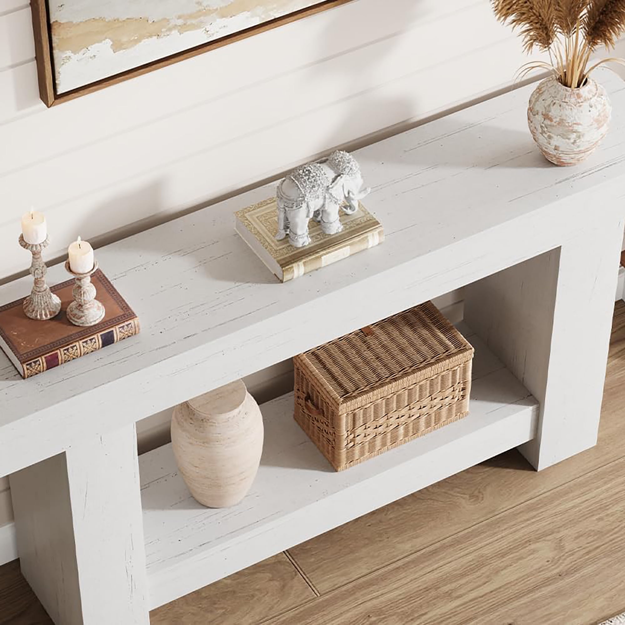 63'' Long Console Table, 2-Tier Narrow Entryway Table Sofa Table with Storage, Farmhouse Wood Behind Couch Table for Living Room, Hallway, White
