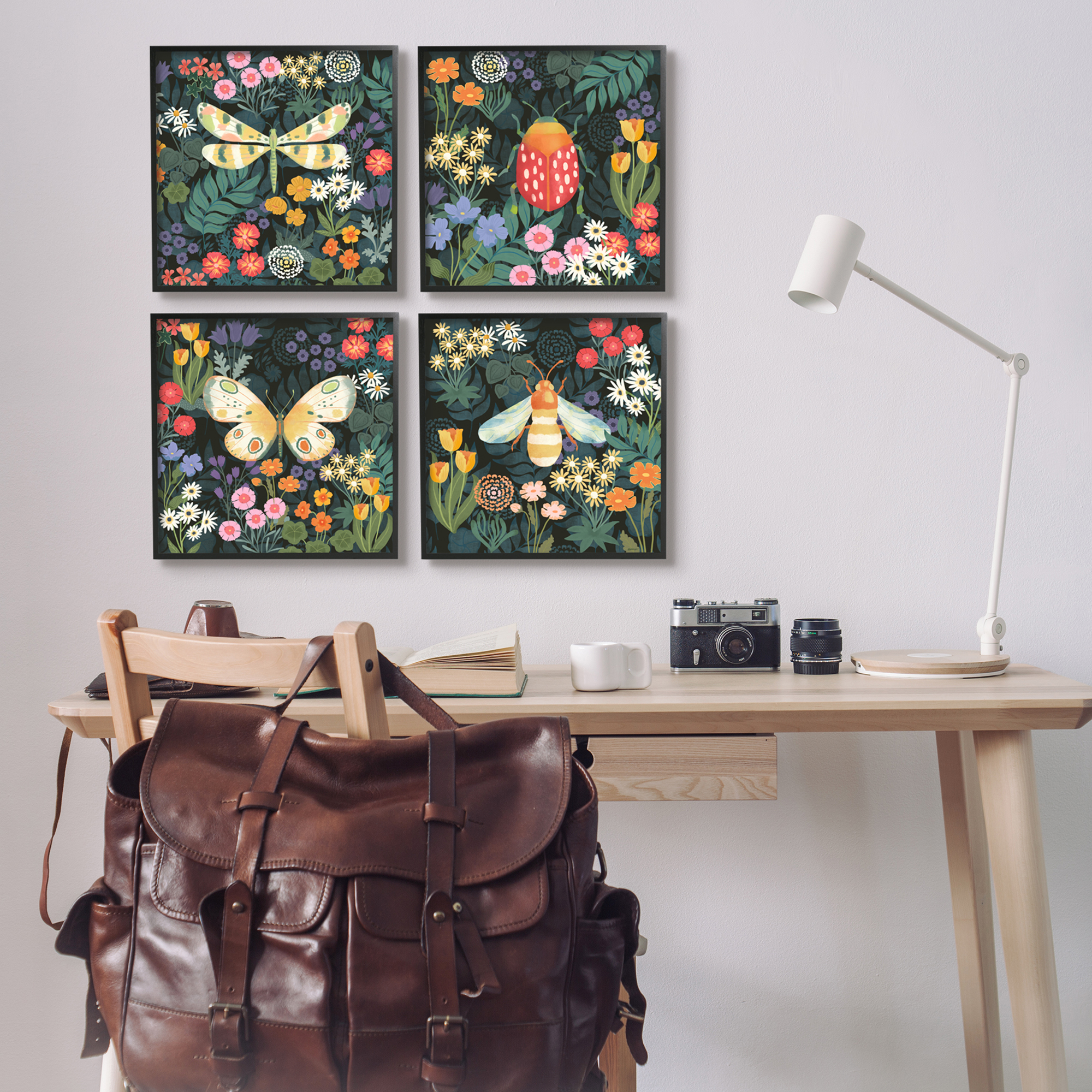Stupell Industries Insects Among Wildflowers Animals & Insects Painting Black Framed Art Print Wall Art, 17 x 17, Set of 4