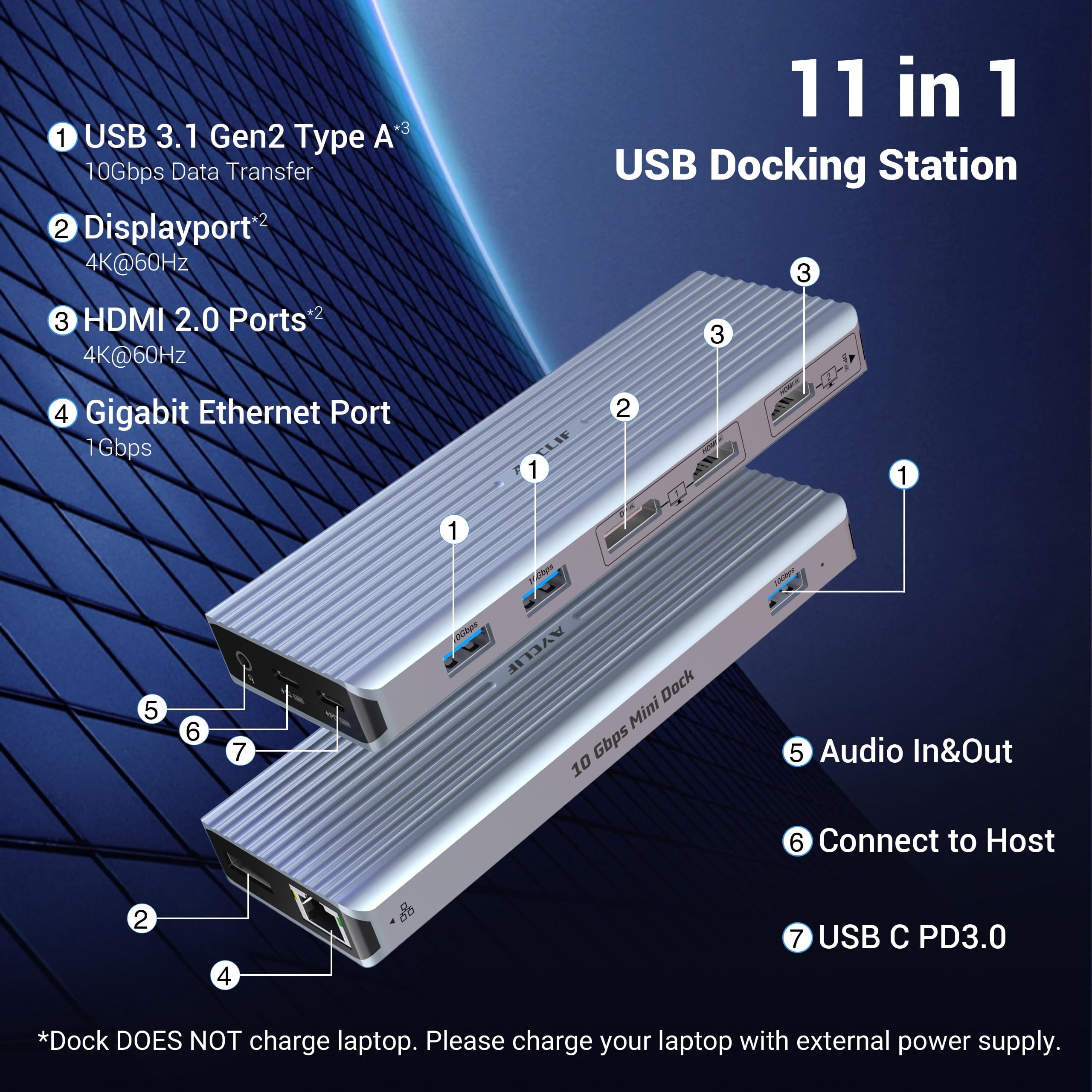 11 in 1 USB C Hub Docking Station with Multi Display for D-ell, Hua-wei, Le-novo - includes 2 C to C and C to A Cables, 2 * 4K HDMI, 2 * 4K DP, 3 * 10Gbps USB-A, Ethernet, PD, 3.5MM Jack