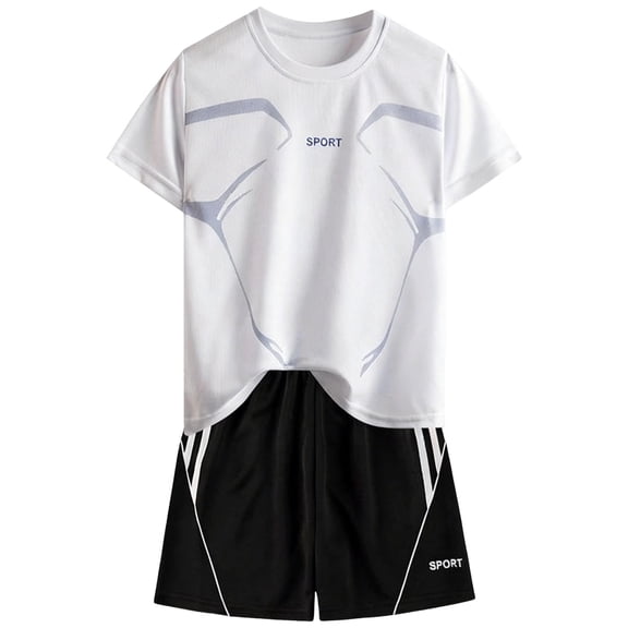 Karoyedx Boys' Athletic Shorts Set Boys Summer Athletic Shorts Set 2 Pcs Short Sleeve Shirt and Drawstring Shorts Sport Outfits White Size,7-8 Years