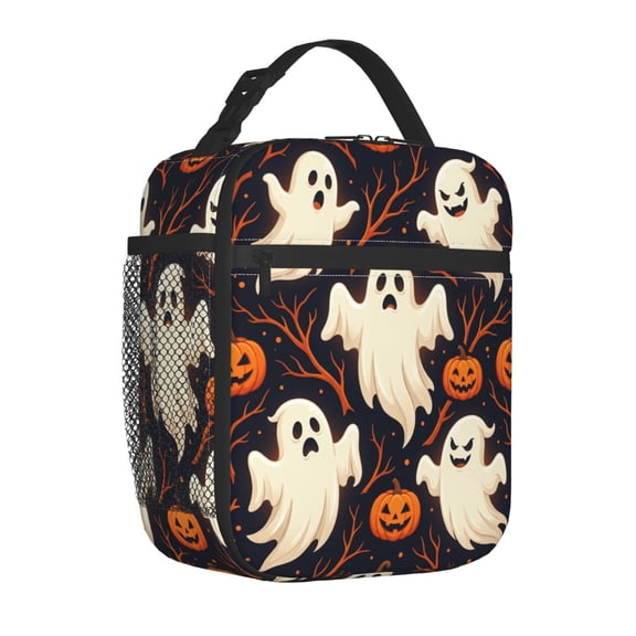 Ghost Lunch Bag Insulated Reusable Cooler Tote Spooky Cute Portable Meal Prep Bag Side Mesh Pocket Work Office Picnic