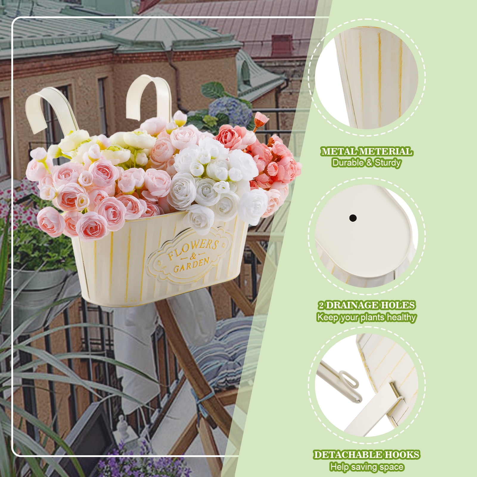 urorentea 3Pcs Metal Hanging Flower Pots for Outdoor Plants, Iron Railing Planter with Detachable Hooks and Drain Holes, Hanging Pots Fence Planters for Railing Garden Fence Balcony (milky white)