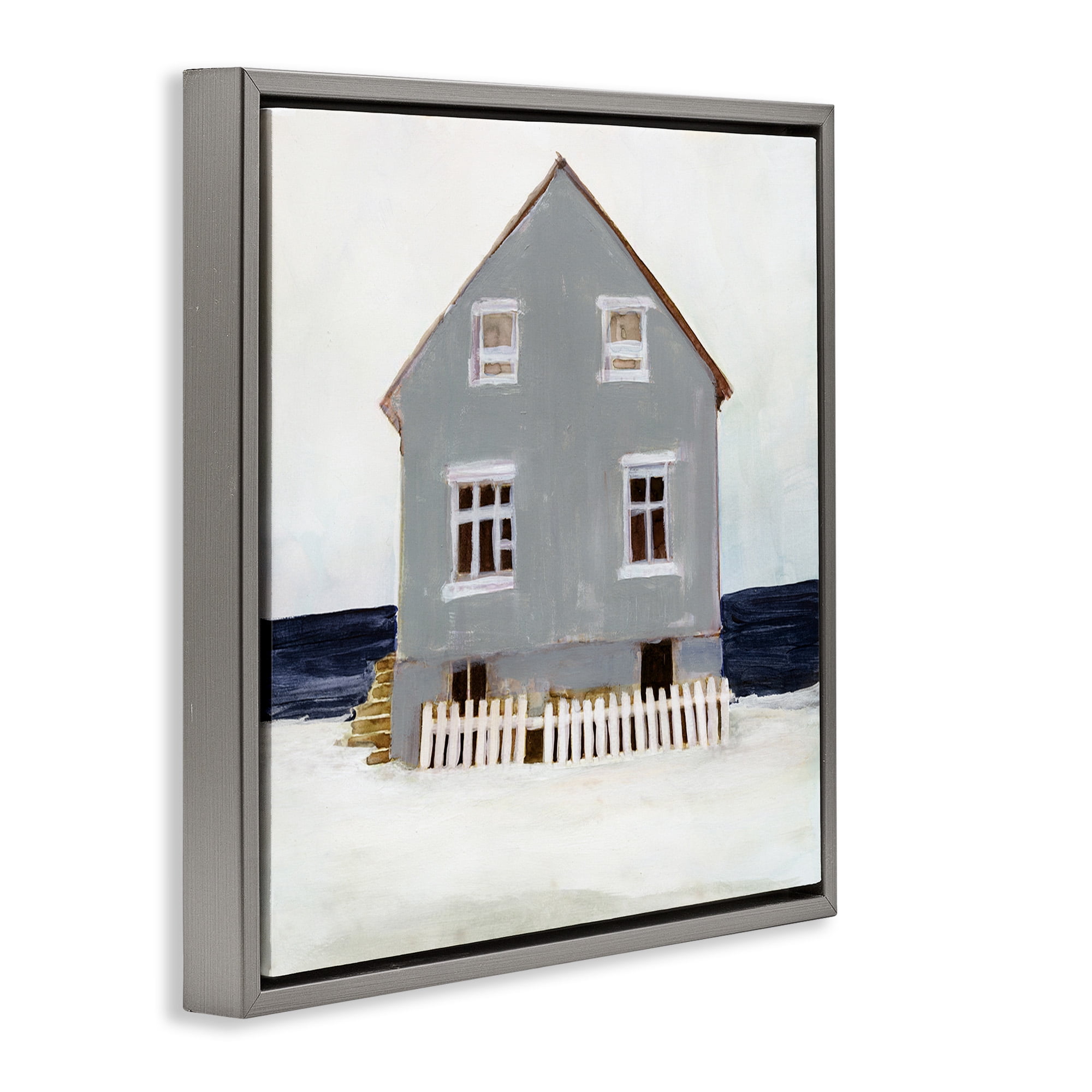 Stupell Industries Winter Beach House Landscape Nature Painting Gray Floater Framed Canvas Art Print Wall Art, 18 x 18
