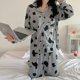 thumbnail image 3 of Pijamas de mujer verano primavera seda leche estampado de vaca cárdigan con solapa manga corta y larga de dos piezas dulce Casual ropa de casa para mujer L, 3 of 5