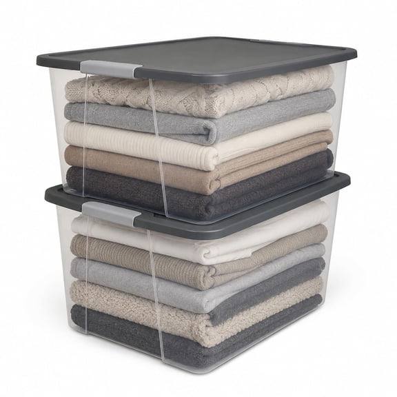 2-Pack Secure Latch, Clear Plastic Storage Organizer Bins, 64 Quart, Gray Lid - Heavy-Duty Container Boxes with Lids for Home, Office, and Garage
