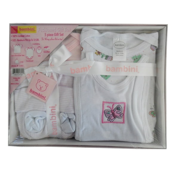 Bambini Newborn Baby Shower Layette Gift Box Set, 5pc - Pink, 100% Cotton, Baby Girls