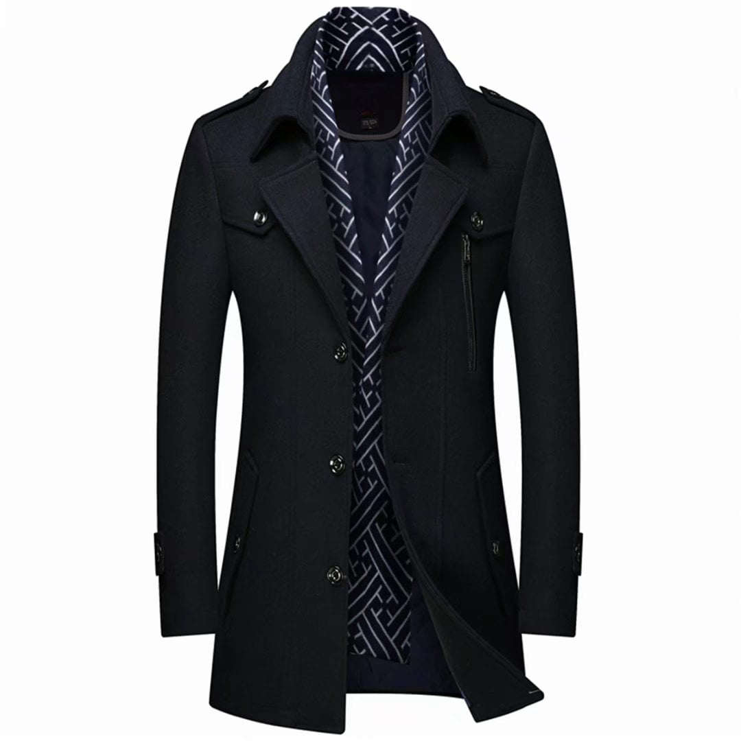 INVACHI Men's Single breasted Mid-length Winter Woolen Business Coat with Free Detachable Soft Touch Wool Scarf