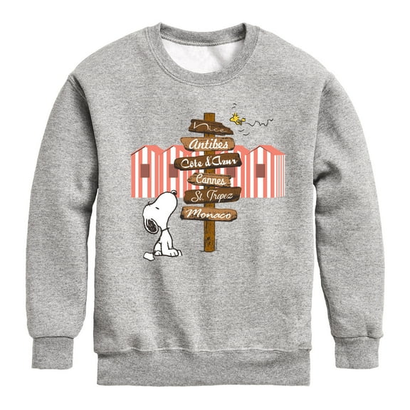 Peanuts - Summer Edition - Snoopy Looking for a Destination on Sign - Toddler & Youth Crewneck Fleece Sweatshirt