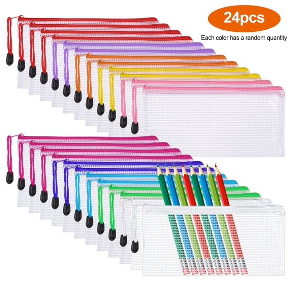 24 Pack Mesh Zipper Pouch Bags, TSV 9.4×4.5in Small Pencil Case Pouch for Organizing, Clear Plastic Pencil Pouches Bulk for Storage, Money Envelopes for Cash