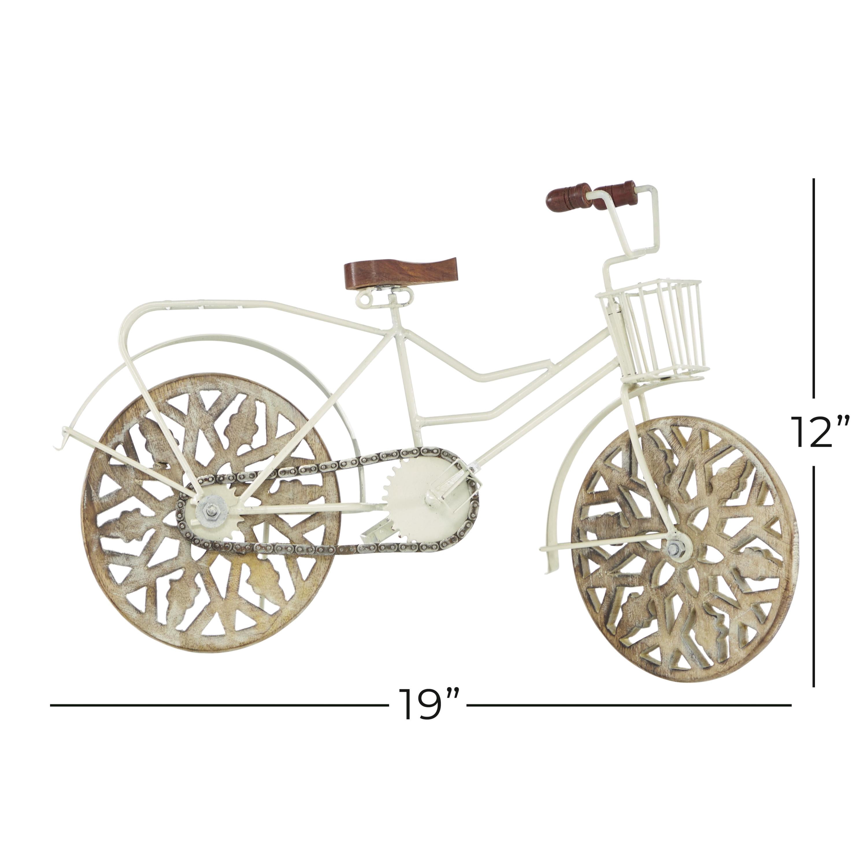 19" x 12" White Metal Bike Sculpture with Carved Wood Wheels, by DecMode