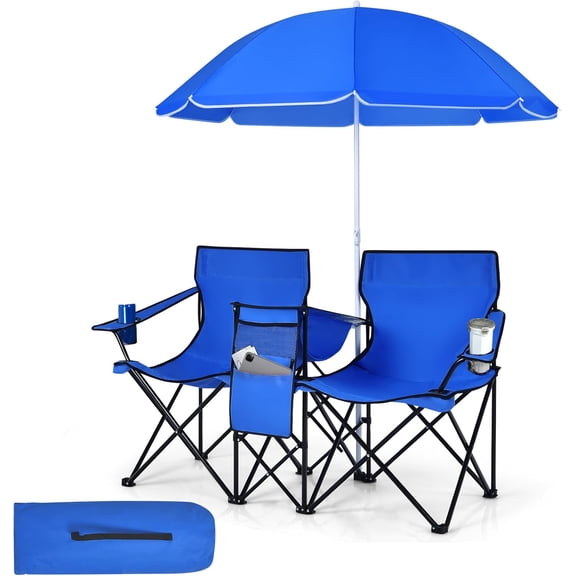 Chenshuoo Double Camping Chairs with Umbrella, Portable 2 Seat Folding Camp Chair with Cooler Bag, Beverage Holder, Carrying Bag, Foldable Lawn Chair for Outside, Fishing, Picnic, Beach