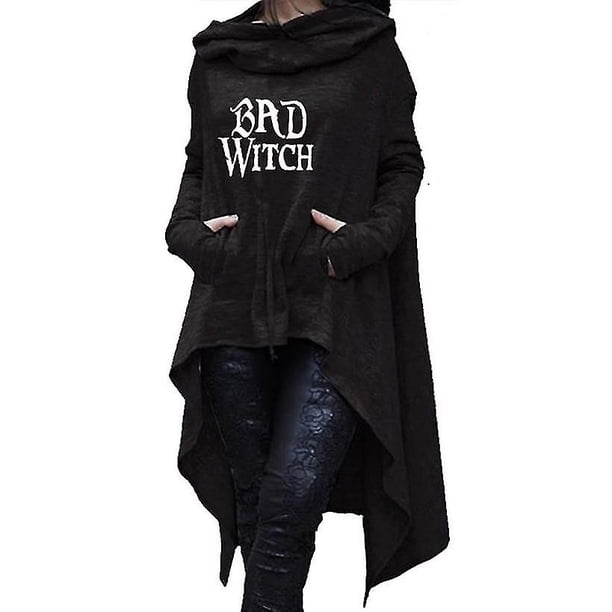 Sudaderas con capucha largo asimétrico con estampado de letras de Halloween Bad Witch para mujer, Tops, sudadera para mujer, ropa holgada Kawaii, sudaderas con capucha