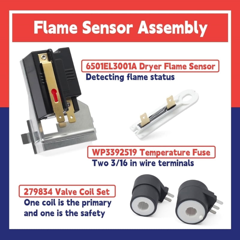Dryer Flame Sensor 6501EL3001A Gas Adapter Ignition Solenoid Coil Thermal Fuse for AP4443773 1268234 6501EL9001A AH3529181