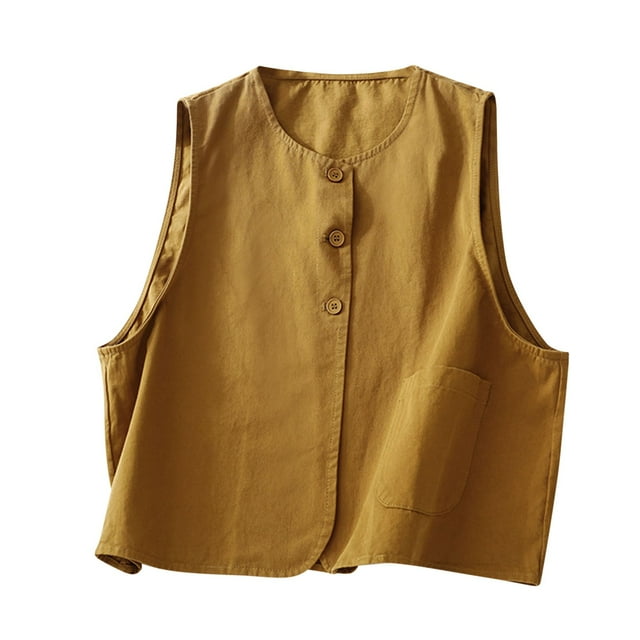 Timegard Tank Tops for Women Cotton Linen Button Sleeveless Waistcoat Cropped Lightweight Jacket Fashion
