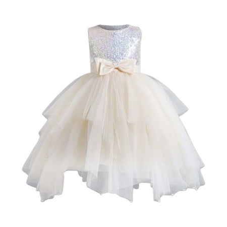 

HTGFGMGW Flower Girl Dresses Toddler Girls Beaded Sequin Lace Bow Tutu Dress Princess Dress Party Wedding Prom Outfits Dresses for Girls Beige