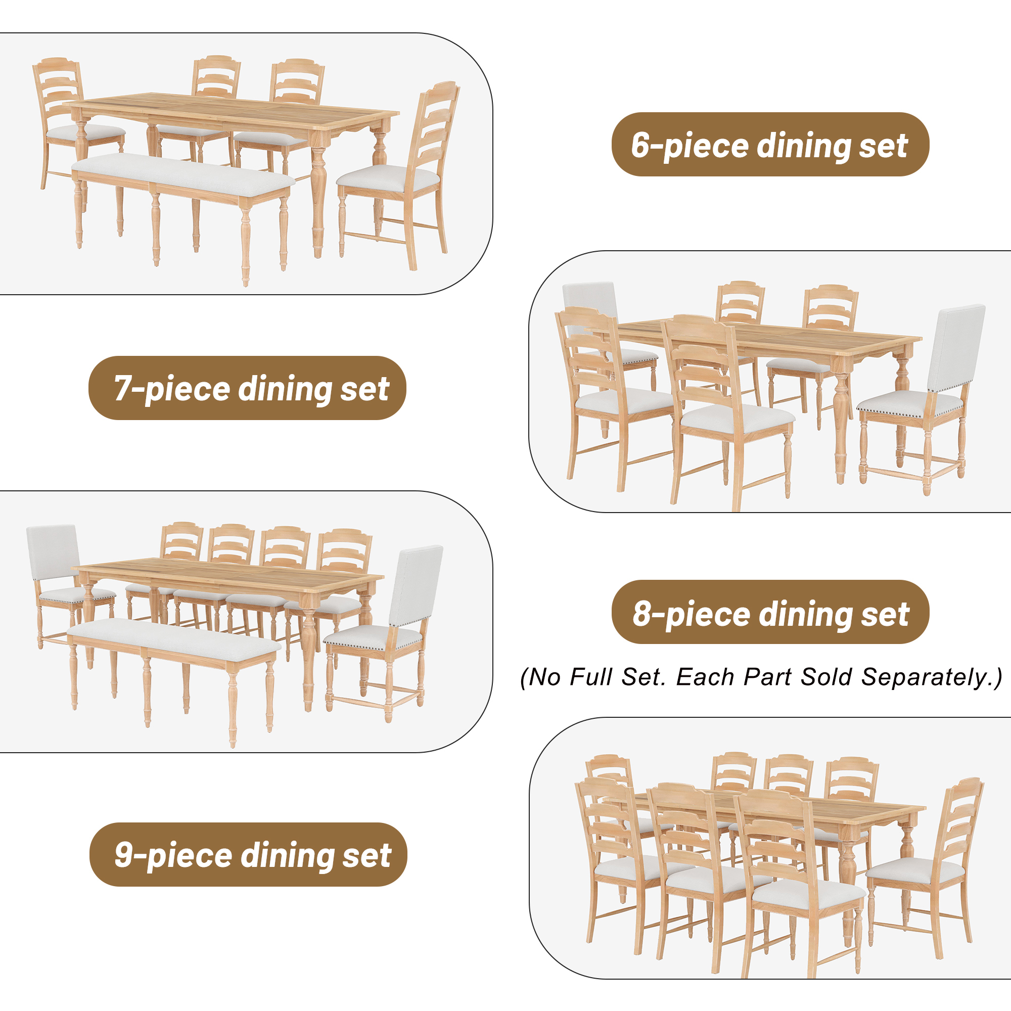 EUROCO 82.7" 7PCS Vintage Extendable Dining Table Set for 6-8,Wood Dining Room Table Set with Removable Leaf,4 Serrated Back Chairs and 2 Upholstered Back Dining Chairs,Rectangular Table Set for 6