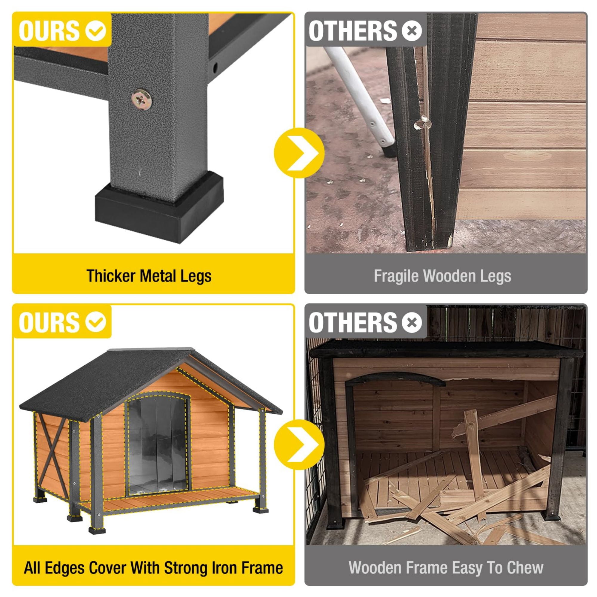 Aivituvin Anti-Chewing Outdoor Dog House with Iron Frame, 34.3"D Weatherproof Wooden Dog Kennels with Large Porch for Outdoor & Indoor, Brown