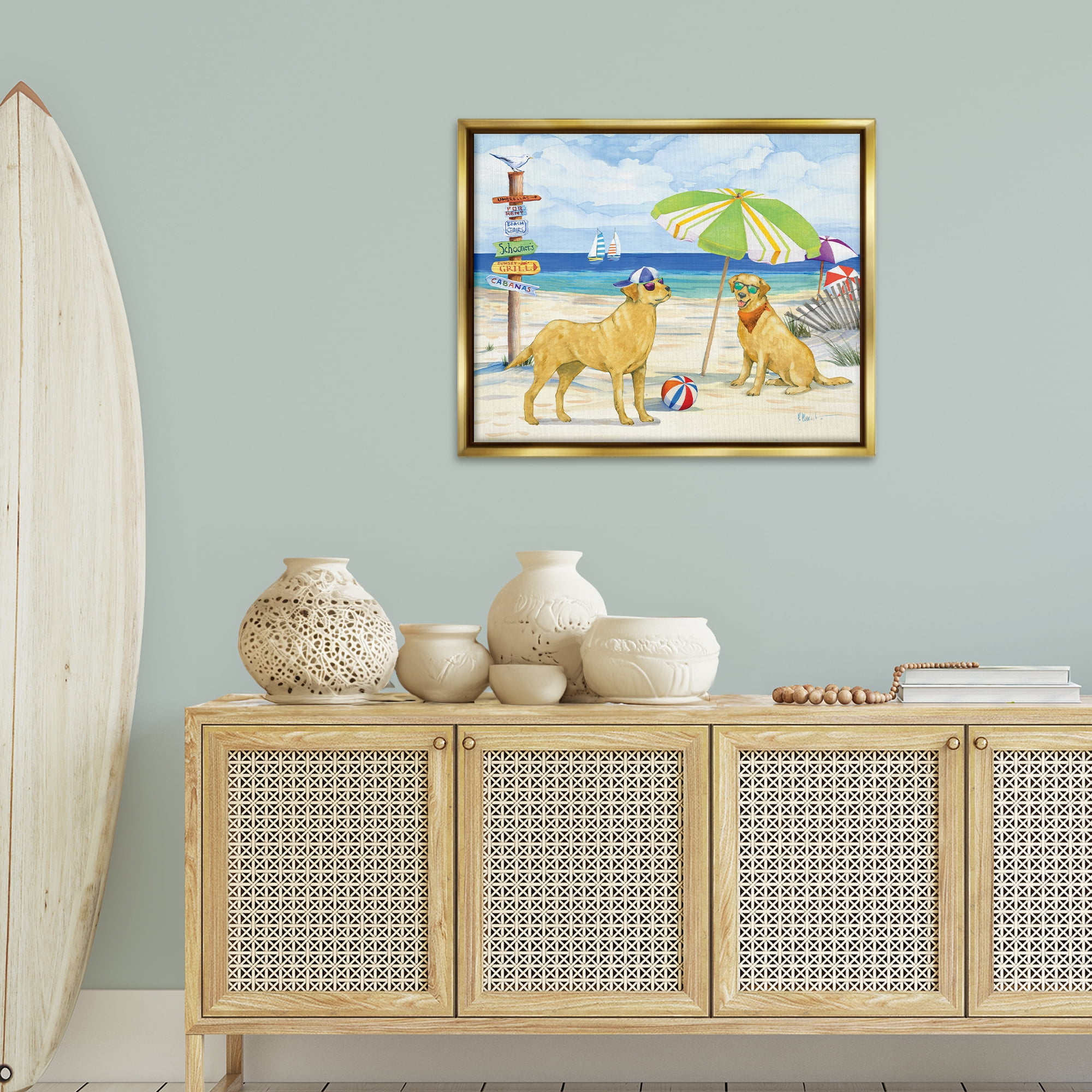 Stupell Industries Dog Day At Beach Animals & Insects Painting Gold Floater Framed Canvas Art Print Wall Art, 31 x 25
