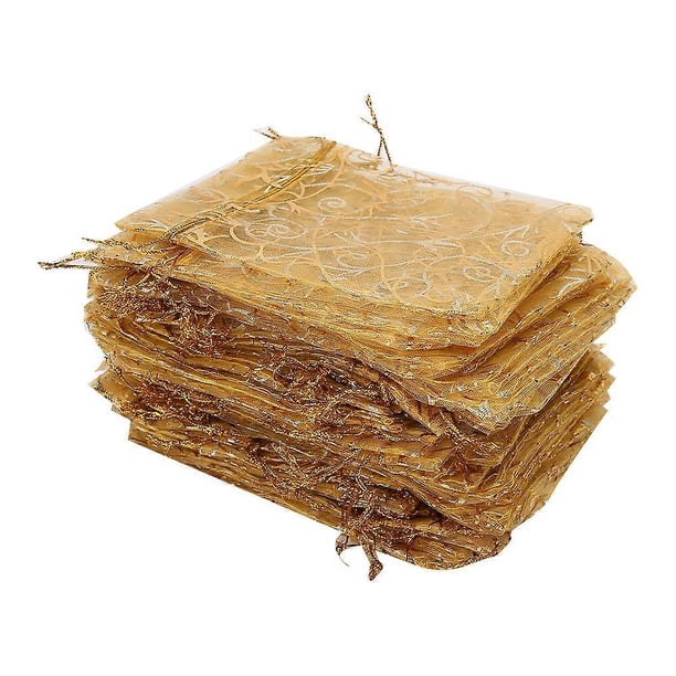100 Pcs 9 x 12cm Multi-Purpose Organza Drawstring Pouches Jewelry Gift Storage Bags (Gold)