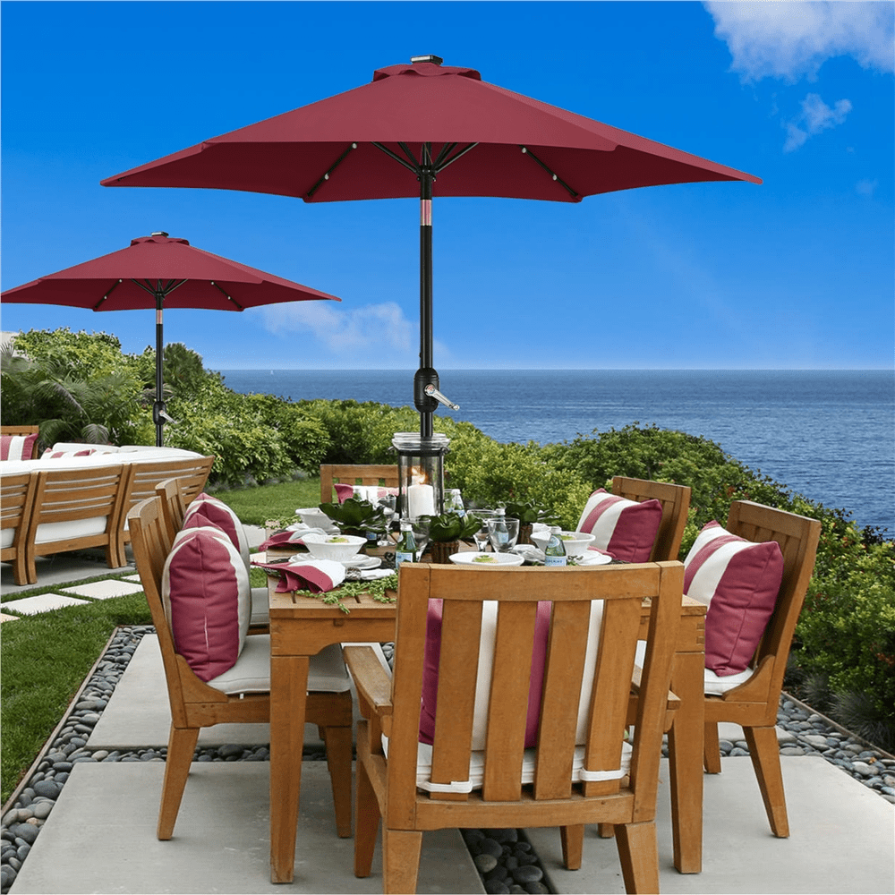 Renwick 7.5FT Patio Umbrella with Base Stand and LED Solar Lights, Burgundy