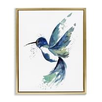 Modern Blue Hummingbird Flying Animals & Insects Graphic Art Metallic Gold Framed Art Print Wall Art