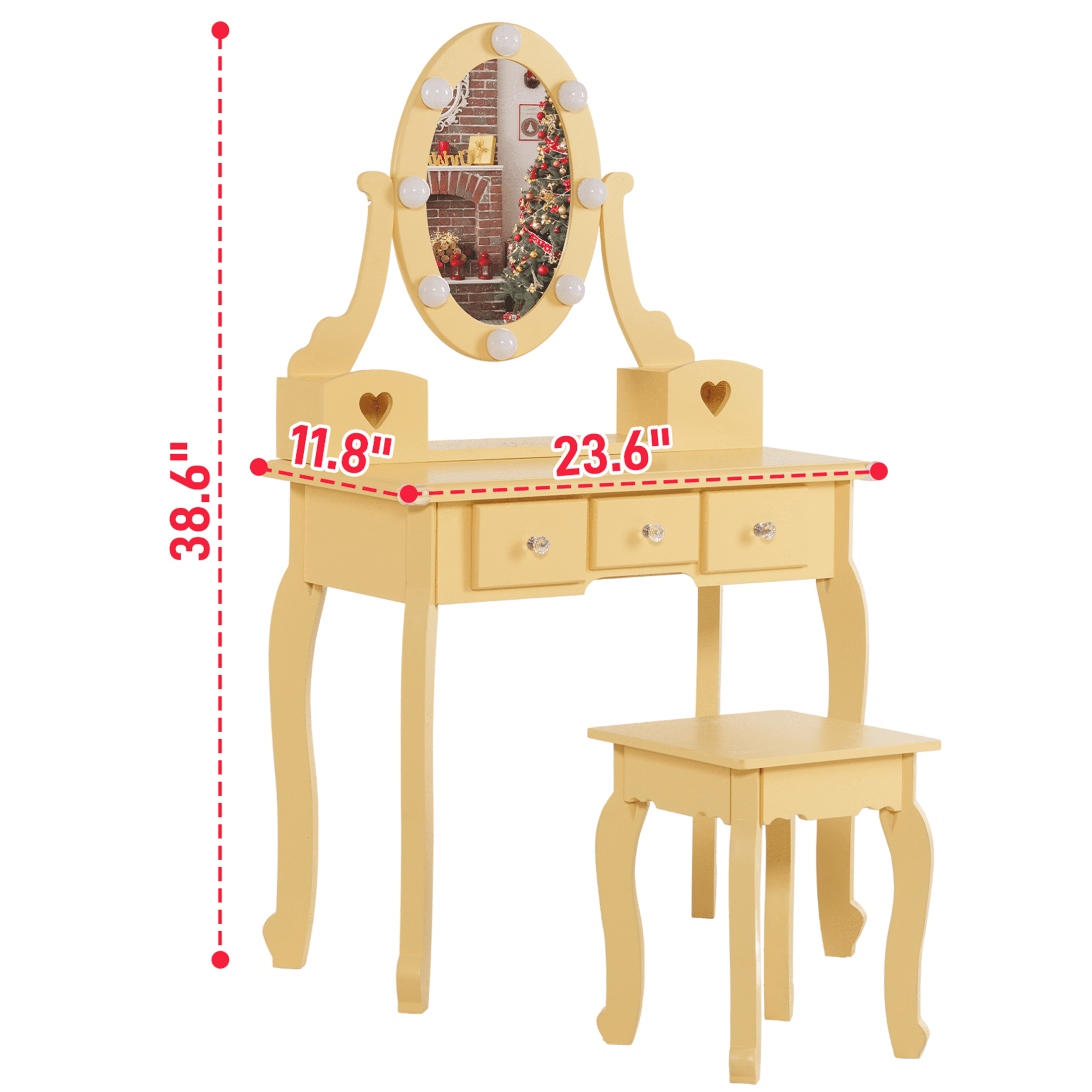 SESSLIFE Kids Vanity Set with Mirror Lights and Drawers, Wooden Princess Makeup Desk Set, Toddler Dressing Table Set, Pretend Play Kids Vanity Table and Chair Set for Little Girls aged 3+, Yellow