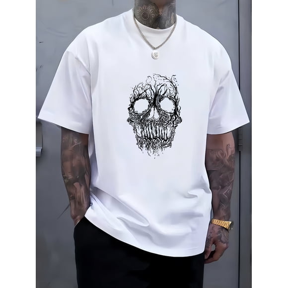 T-shirt Mode Homme Titre Texture Éclair Sombre Imprimé Crâne Oversize Court