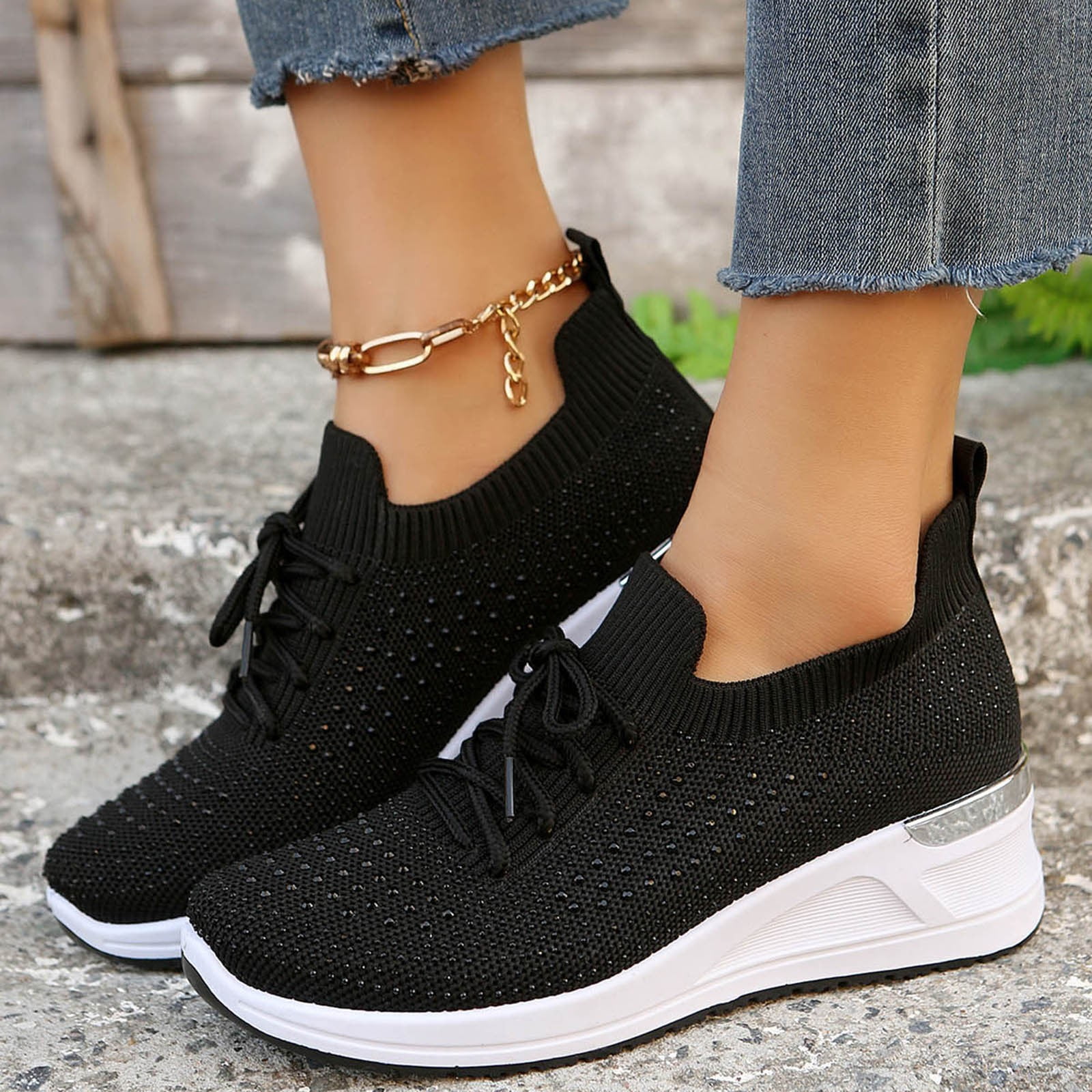 Adult Women Shoes Casual Dress Shoes for Women with Arch Support Women Shoes Thick Soled Wedge Sneakers Fashionable Diamond Enhanced Female