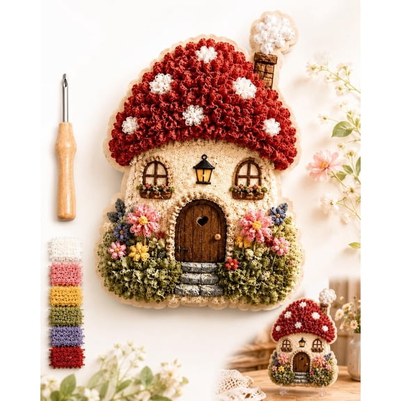 Whimsical Village 3D Fabric Poke Art Kit Beginner Friendly, Creative Screen-Free Activity for Weekend Crafting and Unique Gift Idea (Mushroom)