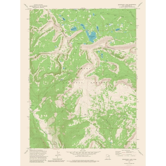 Topographical Map - Grandaddy Lake Utah Quad - USGS 1972 - 23 x 30.44 - Vintage Wall Art