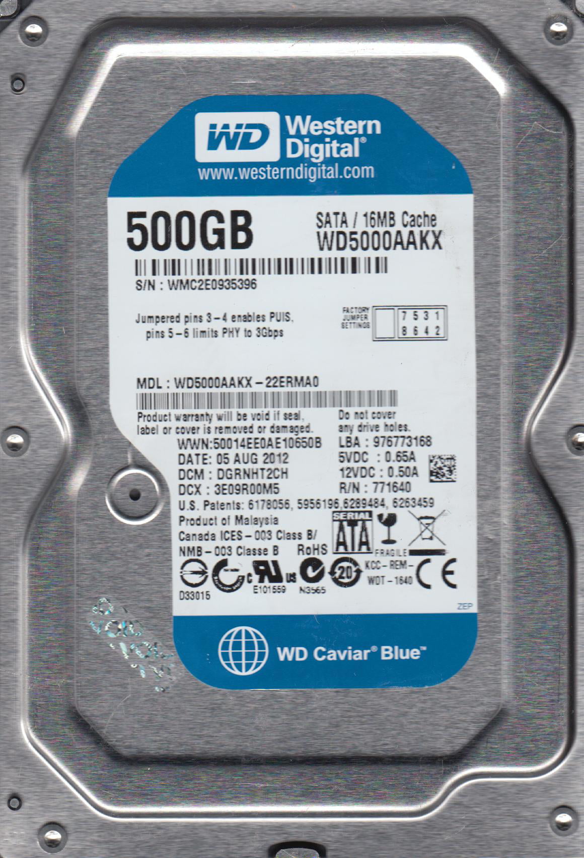 Western Digital 500GB Hard Drive 3.5 WD5000AAKX-22ERMA0 