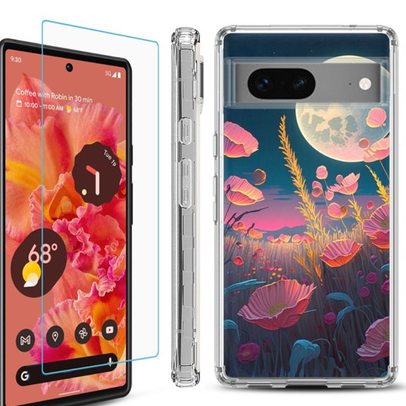 OneToughShield ® Compatible with Google Pixel 8, Shockproof Phone Case, with Tempered Glass Screen Protector - Moon Poppies