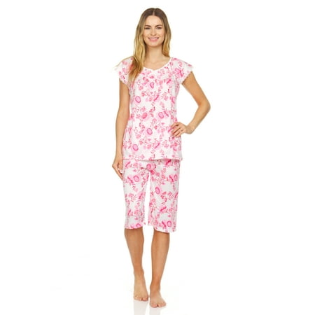 

Lati Fashion Women Capri and Short Sleeve Top 2-Piece Female Pajamas Set Pink M