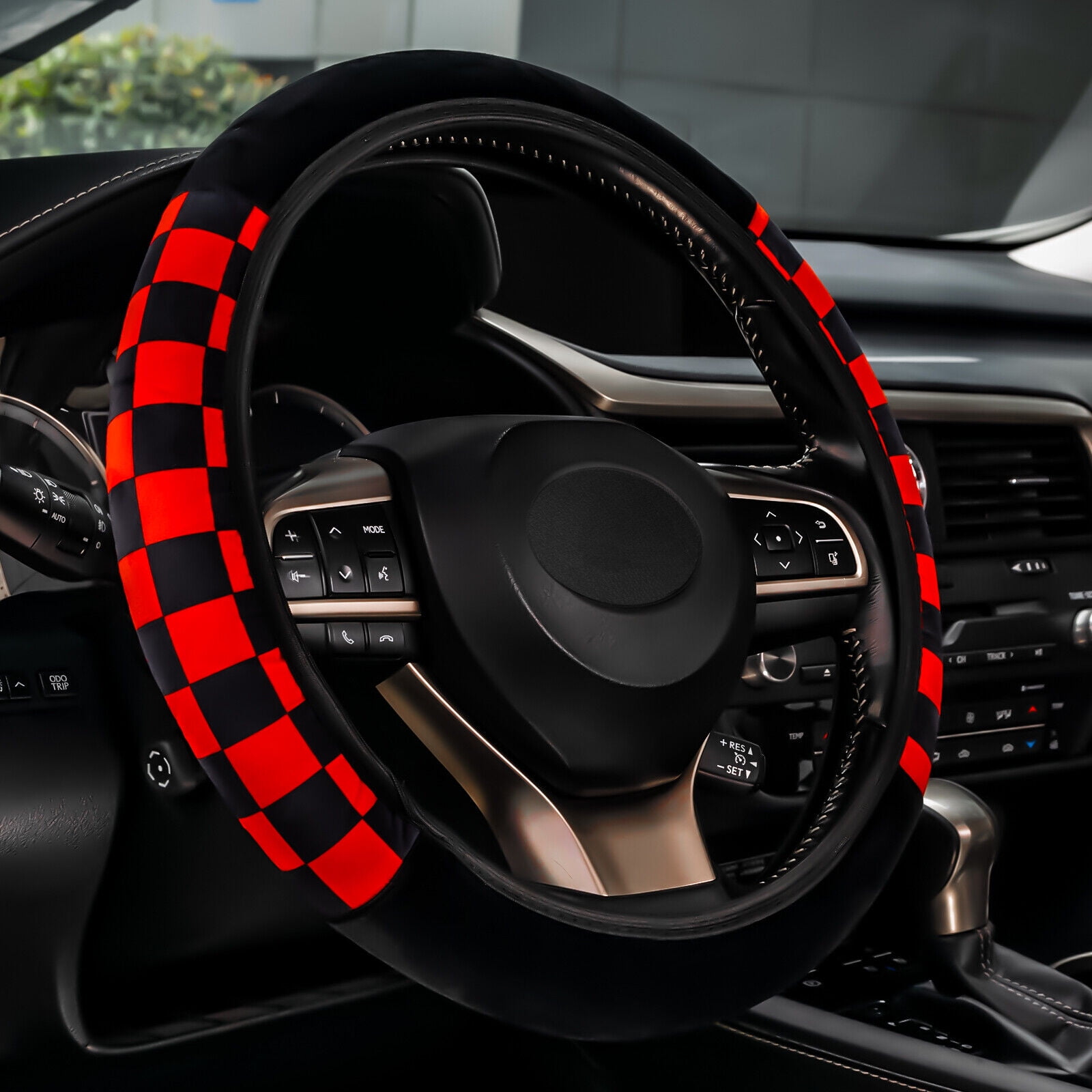 Elantrip Universal Leather Steering Wheel Cover - 14.5 To 15 Inch, Black & Red, Non-Slip Grip For Cars & SUVs