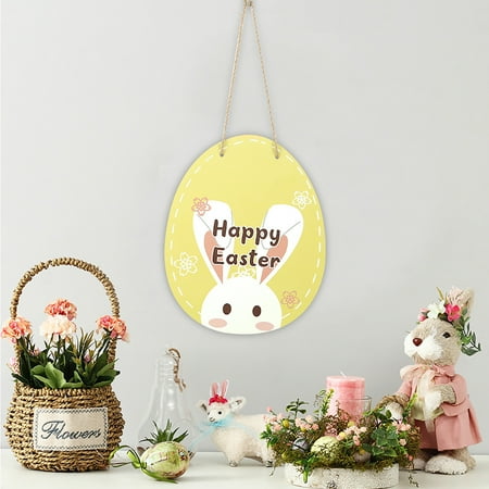 

VERMON Easter Egg Pendant Create Atmosphere Clear Print Lovely Rabbit Easter Hemp Rope Wooden Hanging Pendant
