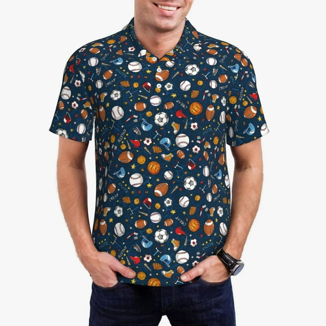 Fotbe Ball Sports Camiseta Polo de Golf para Hombre con Estampado – Camisa Deportiva Transpirable con Cuello Abotonado-Small