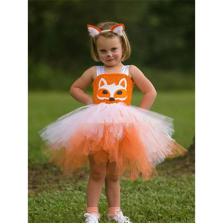 Kids Girls Fox Costume Tutu Dress Set with Ears Headband for