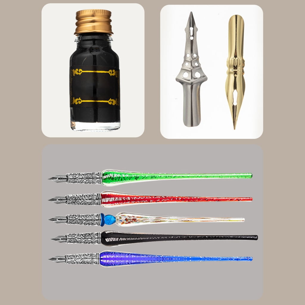 Vintage Dip Pens Antique Glass Dip Pen Set with 2 Replacement Pen Nib, 10ml Ink