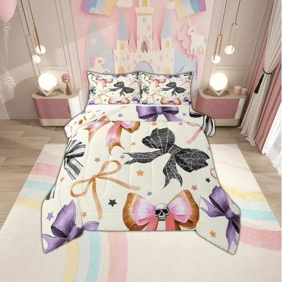 Manfei Cartoon Bow Tie Bedding Comforter Set,Halloween Theme Skeleton Twin Comforter Sets,Rainbow Stars Bow Bedding Set For Teens,Luxury Bedroom Decor Reversible,2 Pieces