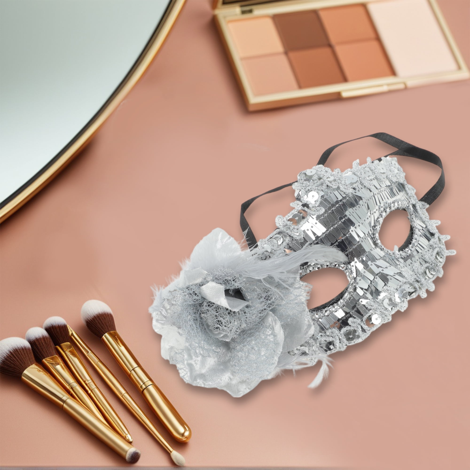 Unique Bargains 1 Box Elegant Floral Sequins Half Face Party Mask Silver Tone