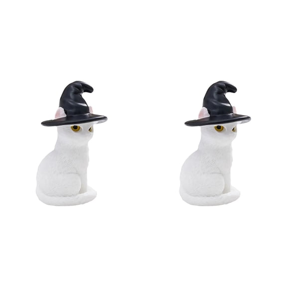 Witch Hat White Cat Halloween Figurine Statue, 2-Pack 2 Inch, Cute Resin Cat Halloween Decor for Table Centerpiece Display, bldnkj
