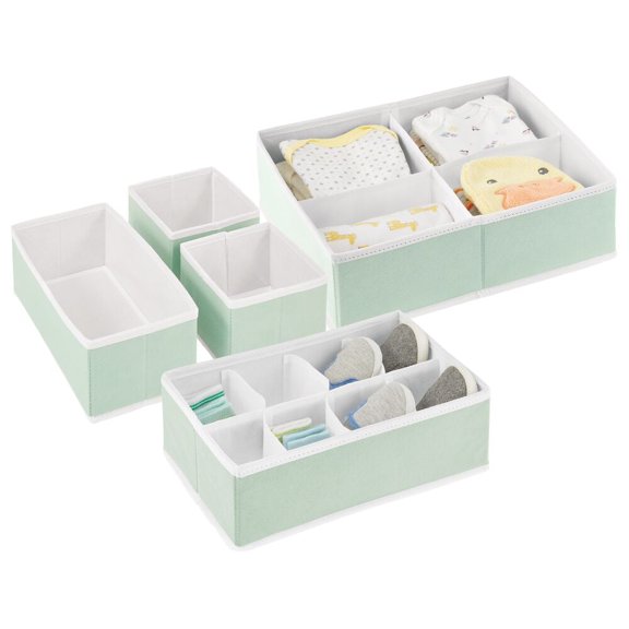 mDesign Fabric Nursery Divided Drawer Organizer, Set of 5, Mint Green/White