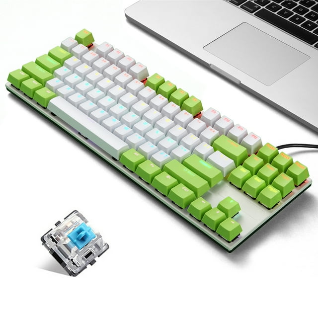 iBlancod K87 87 Keys Wired Mechanical Keyboard Metal Panel Two-color Injection Keycap 20 Light Effects Green&White(Blue Switches)